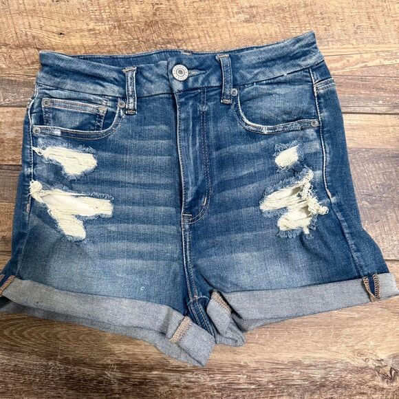 AMERICAN EAGLE Patched Hi Rise Stretch Rip Women's Denim Jean Blue Sz 6 Shorts - Picture 1 of 4